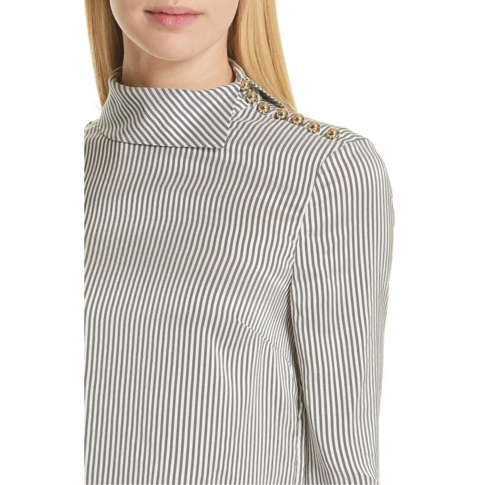 ERDEM Grey White Gold Cuff Link FLORINN Pin-Stripe Satin Blouse 6 US 10 42 38 36 - Picture 3 of 12